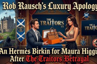 Rob Rausch and Maura Higgins at The Traitors Season 4 reunion with host Andy Cohen.