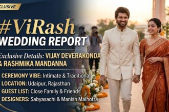 Vijay Deverakonda and Rashmika Mandanna in traditional Telugu wedding attire during their Udaipur ceremony.