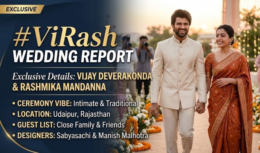 Vijay Deverakonda and Rashmika Mandanna in traditional Telugu wedding attire during their Udaipur ceremony.