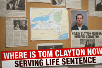 A split image showing Kelley Clayton smiling and a mugshot of Thomas Clayton