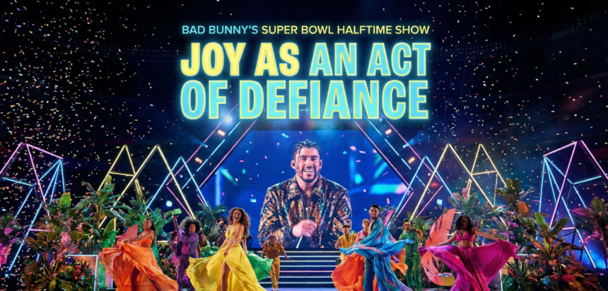 Bad Bunny performing on stage at Super Bowl LX surrounded by dancers in a vibrant Puerto Rican street scene