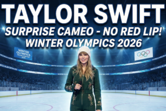 Taylor Swift wearing a Ralph Lauren Team U.S.A. shirt and orange lipstick giving a thumbs up during a video message.