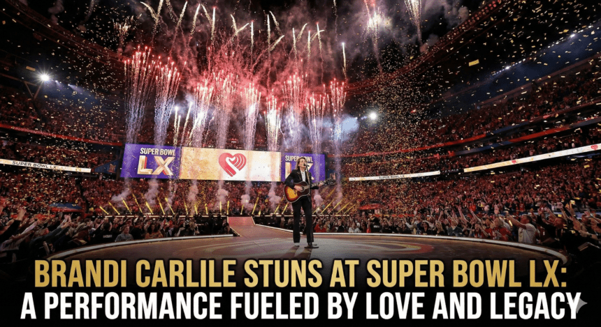 Brandi Carlile playing an acoustic guitar while singing into a microphone at Super Bowl LX, flanked by a cellist.