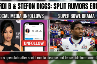 Cardi B performing on stage during the Super Bowl halftime show with Bad Bunny.