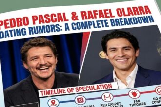 Pedro Pascal and Rafael Olarra walking arm-in-arm through the streets of New York City in winter clothing.