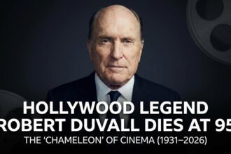 Robert Duvall holding his Academy Award for Best Actor in 1983.