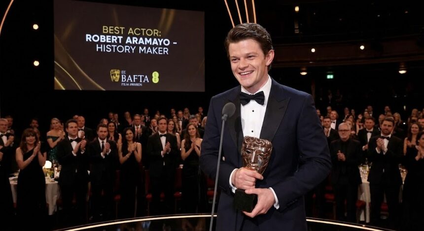 Actor Robert Aramayo smiling widely while holding two BAFTA trophies at the 2026 awards ceremony.