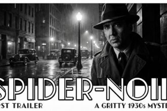 Nicolas Cage as The Spider in a trench coat, standing in a rainy 1930s New York street.
