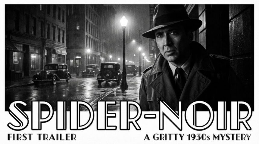 Nicolas Cage as The Spider in a trench coat, standing in a rainy 1930s New York street.