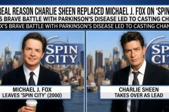 Michael J. Fox and Charlie Sheen smiling together on the set of Spin City.