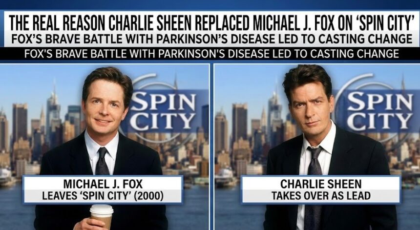 Michael J. Fox and Charlie Sheen smiling together on the set of Spin City.