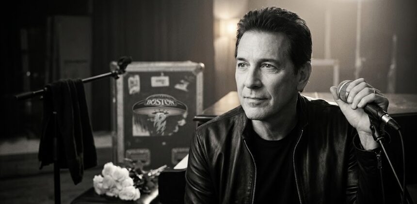 Tommy DeCarlo performing live on stage with the rock band Boston.