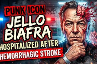 A portrait of Jello Biafra performing on stage, highlighting his legacy in the punk rock community.