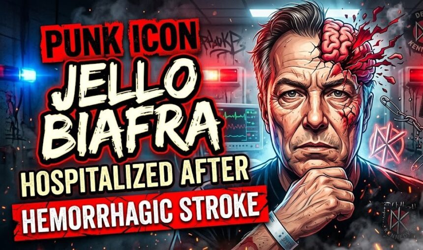 A portrait of Jello Biafra performing on stage, highlighting his legacy in the punk rock community.