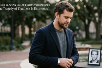 Joshua Jackson and James Van Der Beek smiling together at a 2015 event, with an overlay promoting colorectal cancer screening awareness.