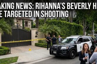 Police officers stationed outside Rihanna's Beverly Hills residence following a shooting incident.