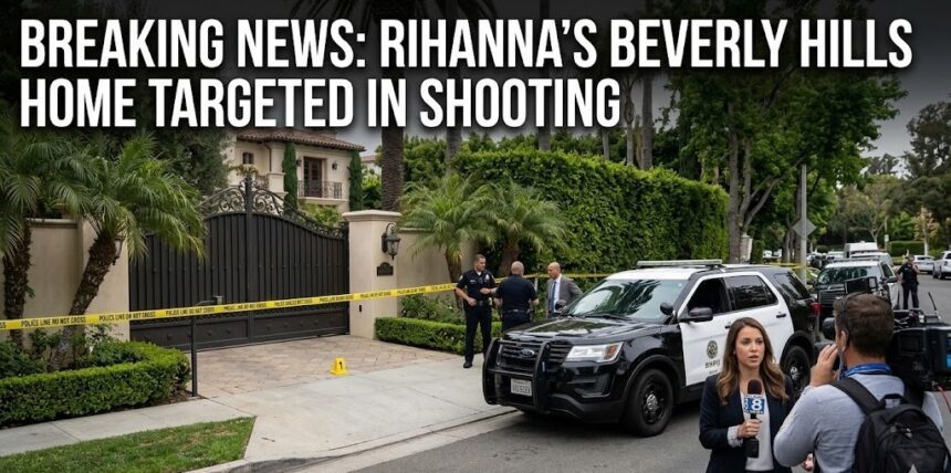 Police officers stationed outside Rihanna's Beverly Hills residence following a shooting incident.