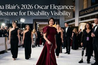 Selma Blair in a sheer black Tamara Ralph gown holding a silver-handled cane at the 2026 Vanity Fair Oscar Party.