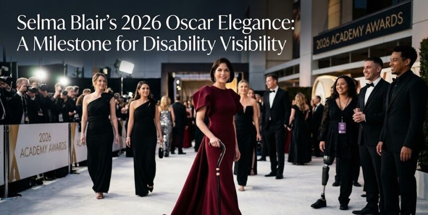 Selma Blair in a sheer black Tamara Ralph gown holding a silver-handled cane at the 2026 Vanity Fair Oscar Party.