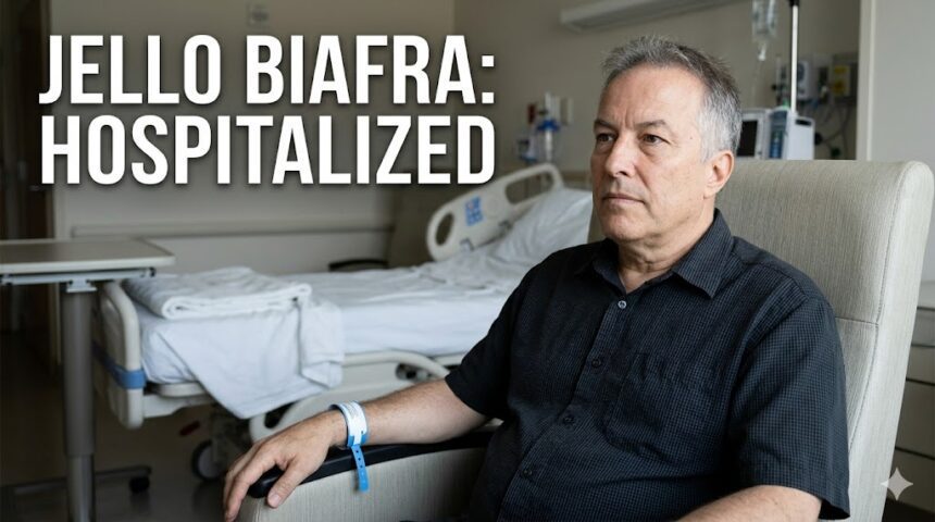 A portrait of Jello Biafra performing on stage, highlighting his legacy in the punk rock community.