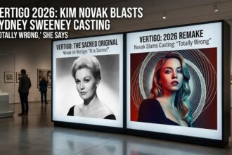 Side-by-side comparison of Kim Novak in Vertigo and Sydney Sweeney on a 2026 red carpet.