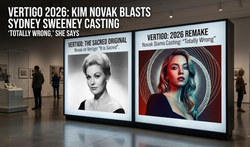 Side-by-side comparison of Kim Novak in Vertigo and Sydney Sweeney on a 2026 red carpet.