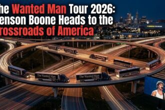 Benson Boone performing live on stage during his global tour, with a backdrop indicating the 2026 Wanted Man Tour.