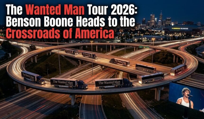 Benson Boone performing live on stage during his global tour, with a backdrop indicating the 2026 Wanted Man Tour.