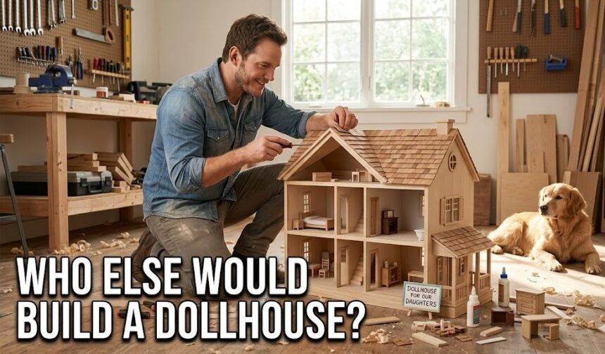 Chris Pratt sanding a wooden dollhouse for his daughters in a 2026 Instagram post by Katherine Schwarzenegger.