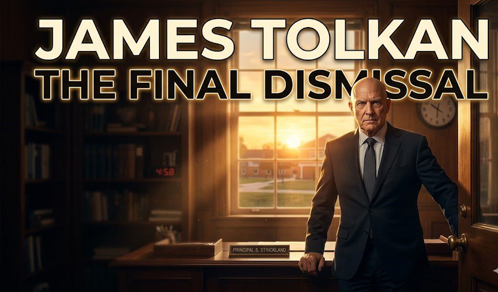 A portrait of actor James Tolkan, known for his iconic role as the principal in Back to the Future, looking intense and authoritative.