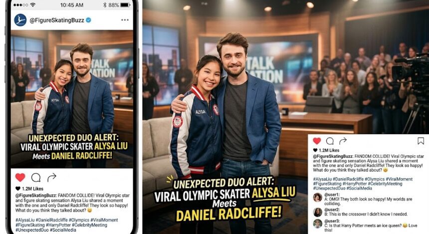 Olympic figure skater Alysa Liu enthusiastically hugging actor Daniel Radcliffe backstage at the Today show.