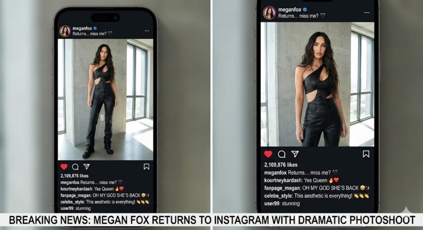 Actress Megan Fox wearing a black corset and spiked collar while posing on a studio floor.