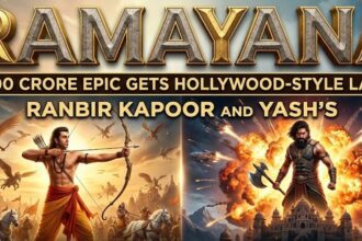 Ranbir Kapoor, Sai Pallavi, and Yash smiling together at a grand promotional press event.