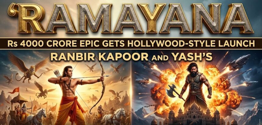 Ranbir Kapoor, Sai Pallavi, and Yash smiling together at a grand promotional press event.