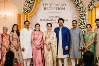 Rashmika Mandanna and Vijay Deverakonda Pose With Families at Hyderabad Reception