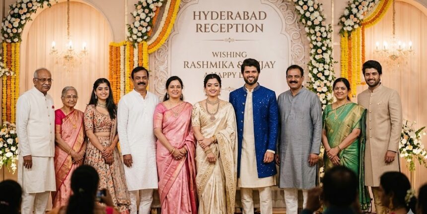 Rashmika Mandanna and Vijay Deverakonda Pose With Families at Hyderabad Reception