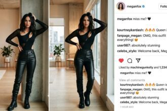 Actress Megan Fox posing for a sultry mirror selfie wearing a black t-shirt and platform heels.