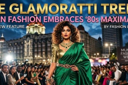 Bollywood actress Deepika Padukone wearing a dramatic, heavily embellished designer gown and chunky gold jewelry.