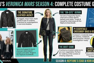 Kristen Bell as Veronica Mars wearing a black leather moto jacket and a gold coin necklace.