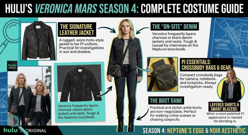 Kristen Bell as Veronica Mars wearing a black leather moto jacket and a gold coin necklace.