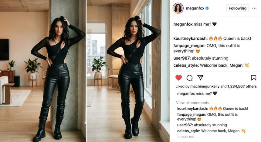 Actress Megan Fox posing for a sultry mirror selfie wearing a black t-shirt and platform heels.