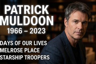 A sophisticated digital tribute dashboard displaying a timeline of Patrick Muldoon's iconic film and television roles alongside industry analytics.