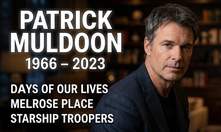 A sophisticated digital tribute dashboard displaying a timeline of Patrick Muldoon's iconic film and television roles alongside industry analytics.