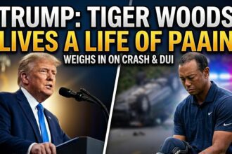A split-screen image showing professional golfer Tiger Woods looking fatigued, juxtaposed with a police cruiser's flashing lights at a nighttime traffic stop.