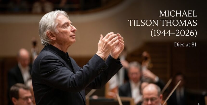A distinguished portrait of conductor Michael Tilson Thomas passionately leading an orchestra from the podium, baton in hand, bathed in warm stage lighting.