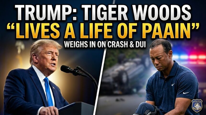 A split-screen image showing professional golfer Tiger Woods looking fatigued, juxtaposed with a police cruiser's flashing lights at a nighttime traffic stop.