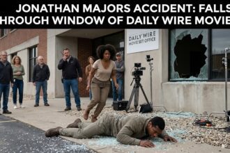 Jonathan Majors on the set of an action film, appearing in a high-stakes stunt sequence.
