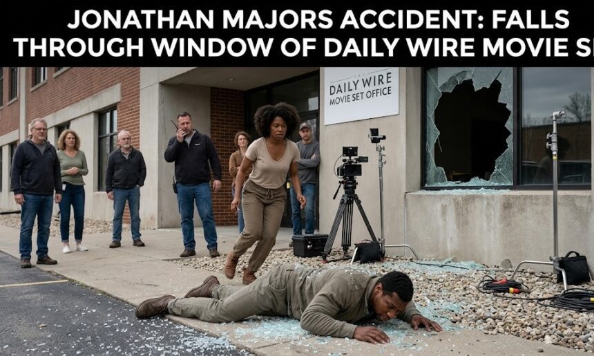 Jonathan Majors on the set of an action film, appearing in a high-stakes stunt sequence.
