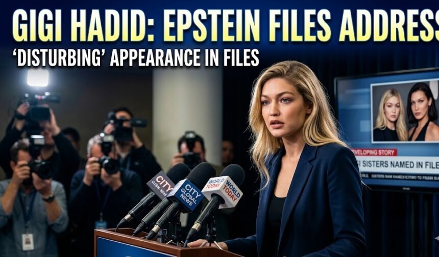 Gigi Hadid walking the runway at New York Fashion Week 2026, representing her professional career independently of the Epstein files.