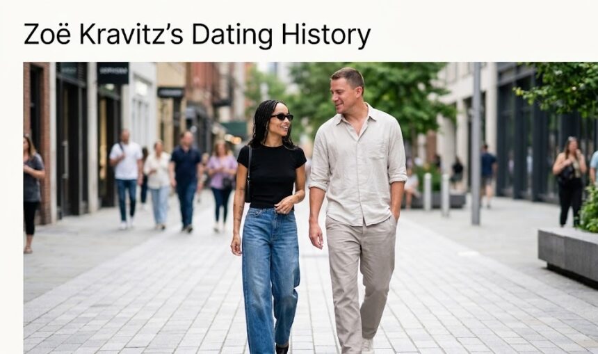 A paparazzi photograph of actress Zoë Kravitz wearing dark sunglasses and a massive diamond engagement ring, holding hands with musician Harry Styles.